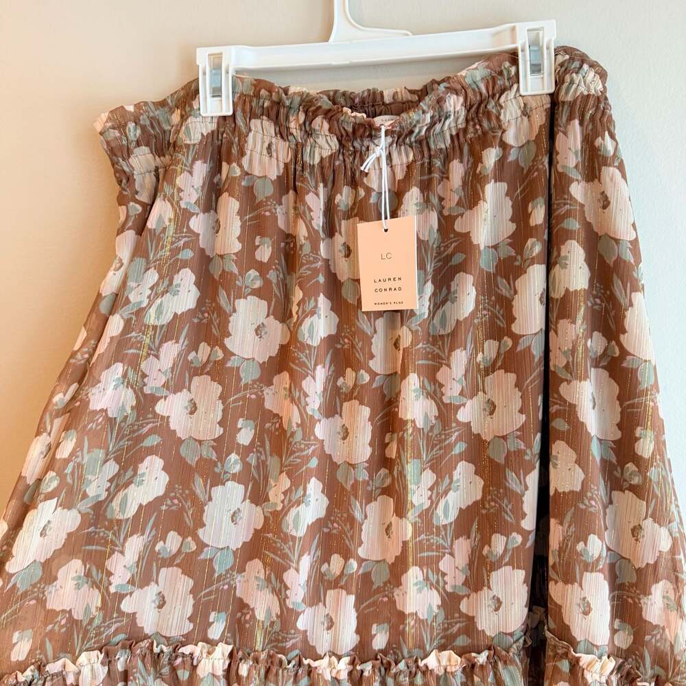 NWT LC Lauren Conrad Women's Plus 2X Floral Ruffle Tiered Midi Skirt in Brown an - Picture 2 of 8